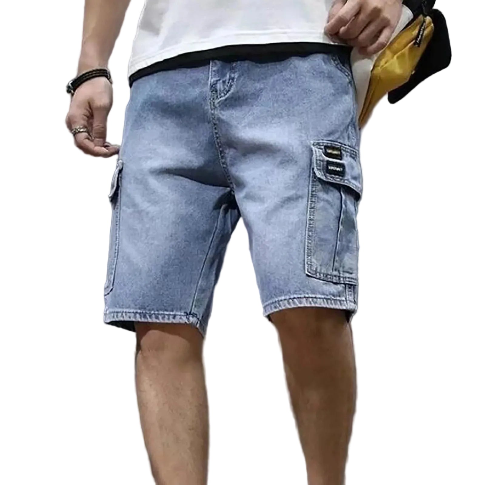 Men's Loose Fit Denim Cargo Shorts with Utility Pockets and Casual Streetwear Style