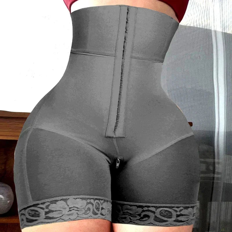 High-Waisted Mid-Thigh Shaping Shorts with Center Closure and Floral Lace Hem
