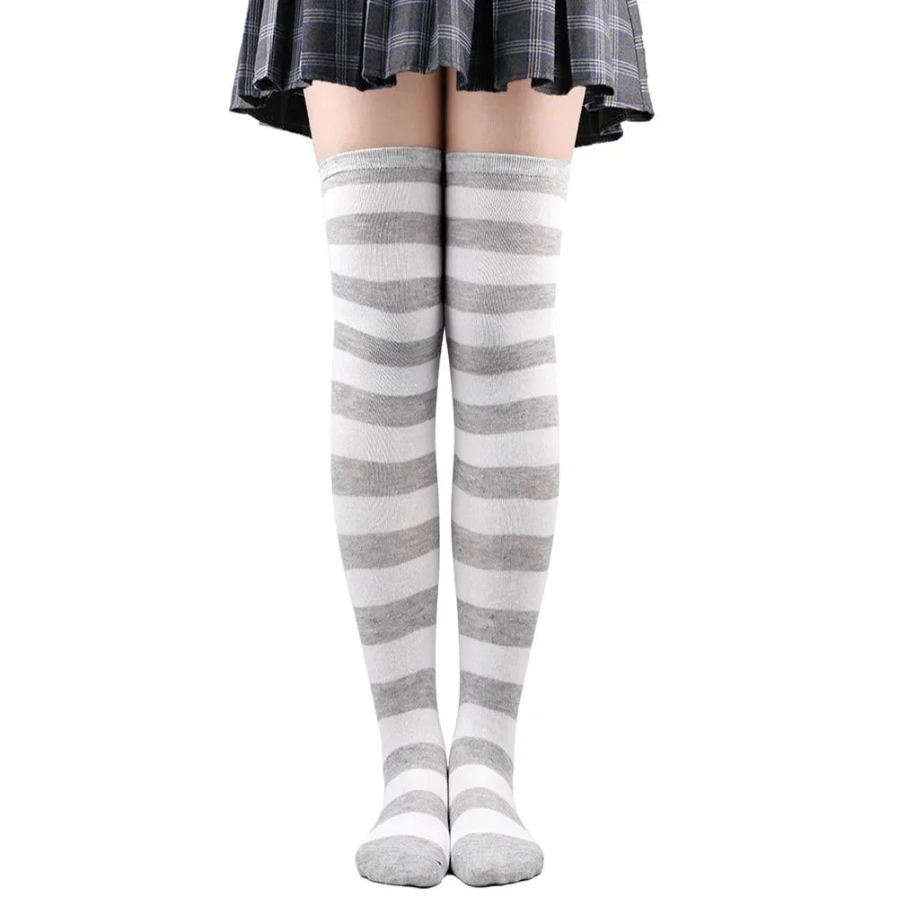 Striped Thigh High Socks with Stretch Knit Construction for Casual Y2K Streetwear Fashion