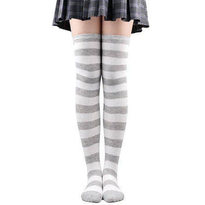 Striped Thigh High Socks with Stretch Knit Construction for Casual Y2K Streetwear Fashion
