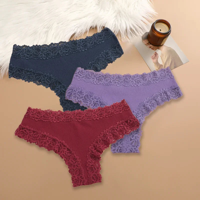 Three-Piece Ribbed Cotton-Blend Bikini Panty Set with Scalloped Lace Trim