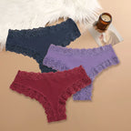 Three-Piece Ribbed Cotton-Blend Bikini Panty Set with Scalloped Lace Trim
