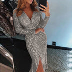Sequin Texture Wrap Midi Dress with Long Sleeves and Side Slit