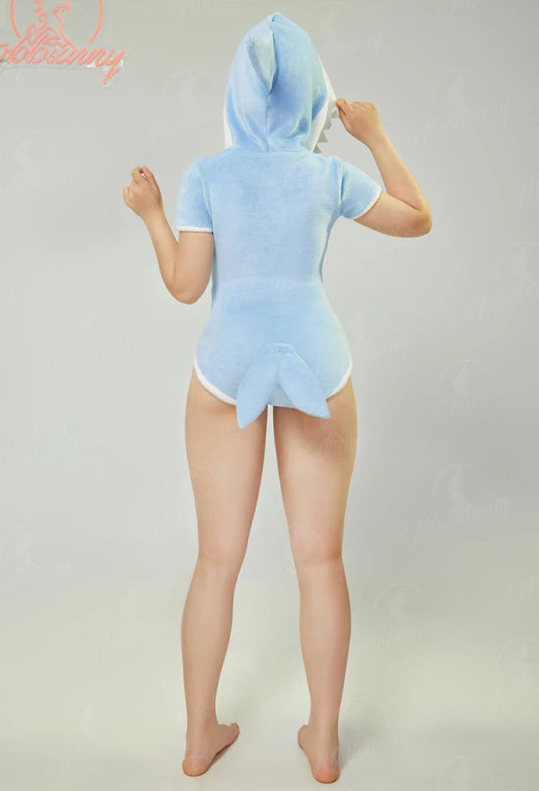 Women's Hooded Plush Romper with Shark-Inspired Design, Tail and Cozy One-Piece Fit