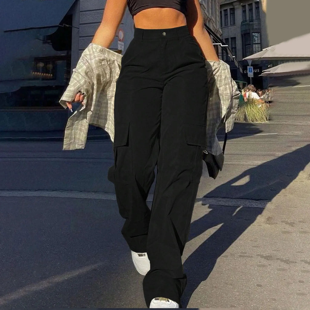 Women's High Waist Wide Leg Utility Trousers with Pocket Casual Streetwear Style