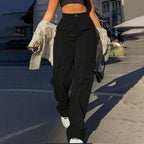 Women's High Waist Wide Leg Utility Trousers with Pocket Casual Streetwear Style