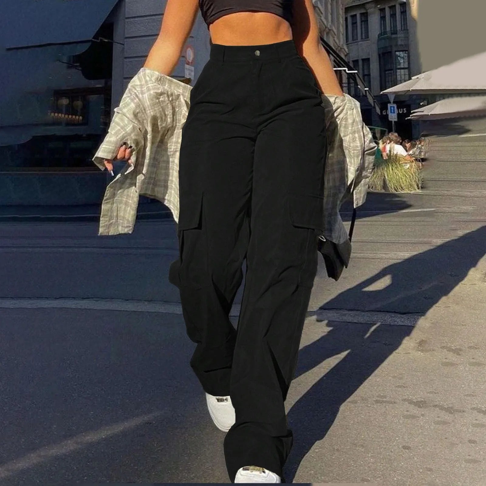 Women's High Waist Wide Leg Utility Trousers with Pocket Casual Streetwear Style