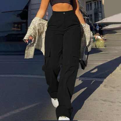 Women's High Waist Wide Leg Utility Trousers with Pocket Casual Streetwear Style