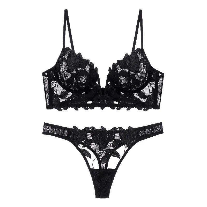 Midnight Black Sheer Floral Embroidered Unlined Bra and Thong Set