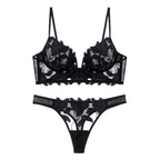 Midnight Black Sheer Floral Embroidered Unlined Bra and Thong Set