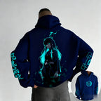 Dark Anime Cyber Streetwear Hoodie with Manga-Inspired Neon Character Artwork