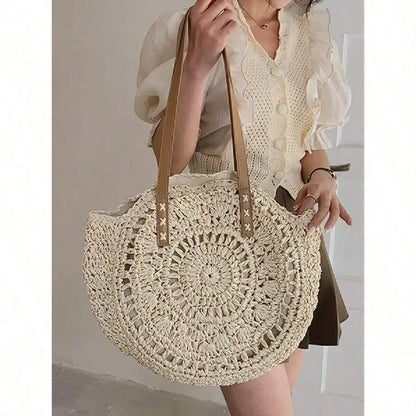 Handwoven Hollow Straw Round Tote Bag with Open Design Summer Carryall