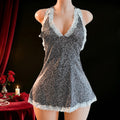 Plunging Halter-Neck Animal Print Mini Dress with White Scalloped Lace