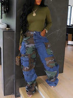 Women's High Waist Patchwork Cargo Denim Jeans with Multi-Pocket Relaxed Streetwear Fit