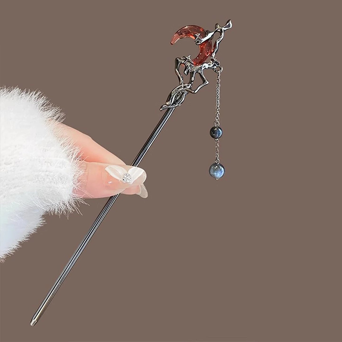 Celestial Moon Tassel Hair Stick Vintage Gothic Statement Hair Accessory