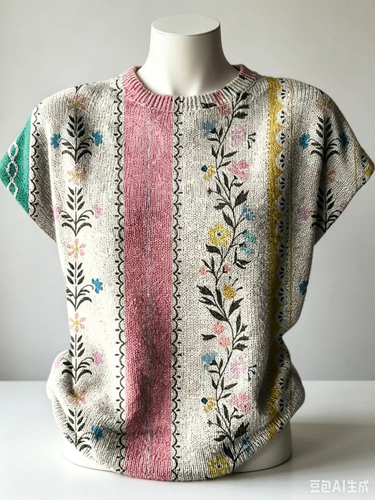 Women's Botanical Pattern Knit Vest with Crew Neck Relaxed Cap Sleeve Design