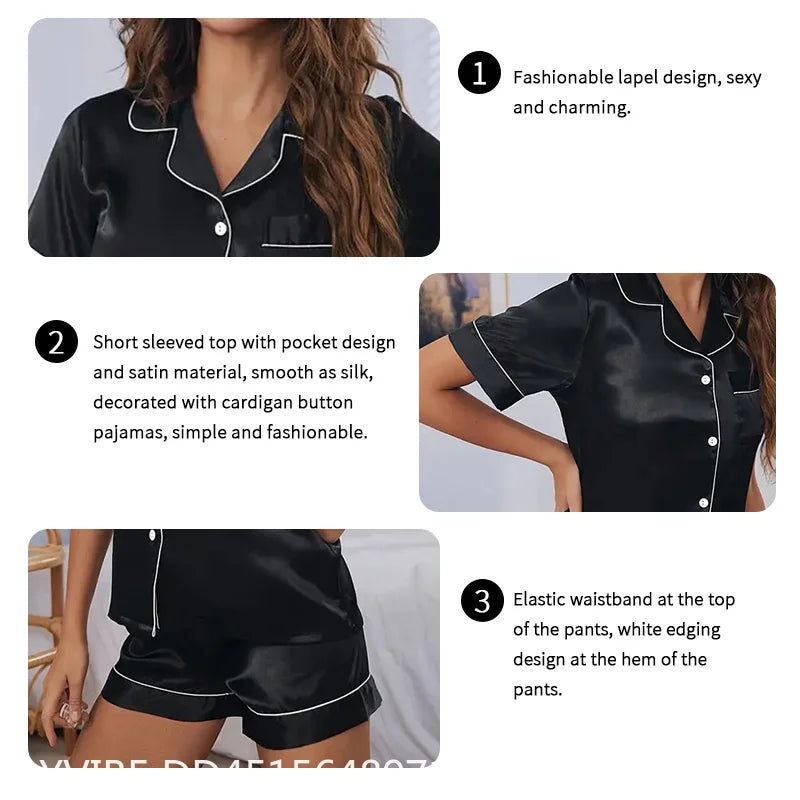 Women's Satin Pajama Set with Button-Down Short-Sleeve Shirt and Matching Shorts, Smooth Silky-Look Summer Sleepwear and Loungewear