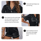Women's Satin Pajama Set with Button-Down Short-Sleeve Shirt and Matching Shorts, Smooth Silky-Look Summer Sleepwear and Loungewear