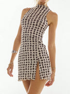 High Neck Sleeveless Bodycon Mini Dress with Patterned Texture and Side Slit