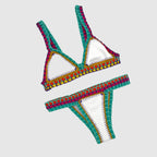 Deep Emerald Green Crochet Bikini Set with Multi-Color Woven Edging