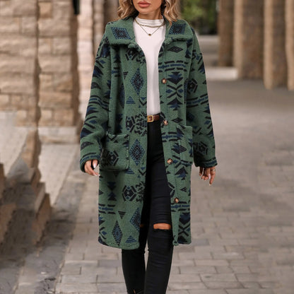 Women's Patterned Plush Hooded Long Coat Cozy Casual Statement Winter Outerwear