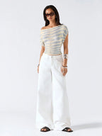 Off Shoulder Striped Knit Crop Top with Relaxed Summer Streetwear Style