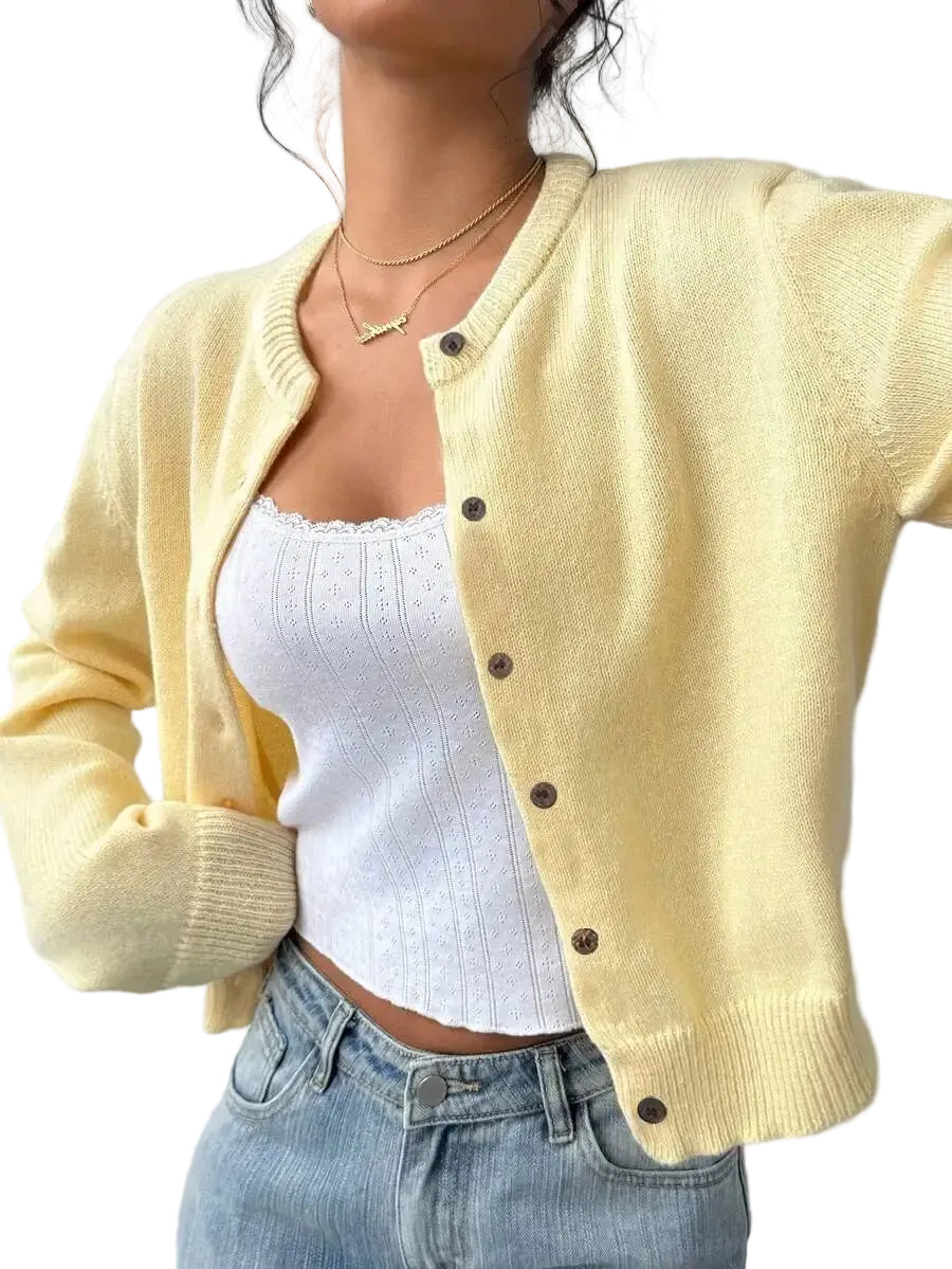 Women's Cropped Crew Neck Button Front Cardigan with Soft Knit Construction
