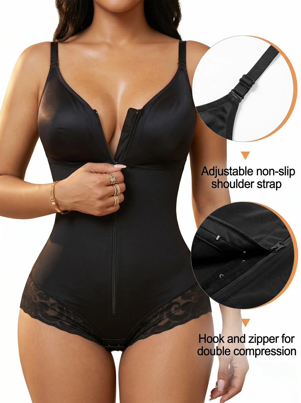 Elegant Zip-Front V-Neck Bodysuit with Lace Hip Detailing
