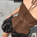 Earthy Brown Ribbed Strapless Corset Top with Dramatic Front Lace-Up Detailing