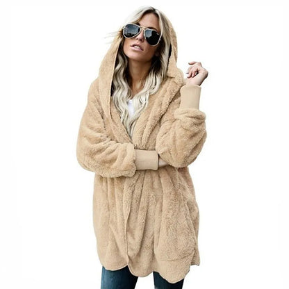 Women's Hooded Plush Fleece Cardigan Open Front Cozy Casual Layering Jacket