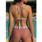 Mixed-Print Halter Bikini Set with High-Waisted Polka Dot Boy Shorts