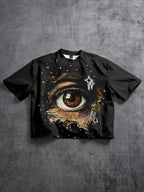 Graphic Eye Crop Tee with Cosmic Artwork and Boxy Streetwear Silhouette