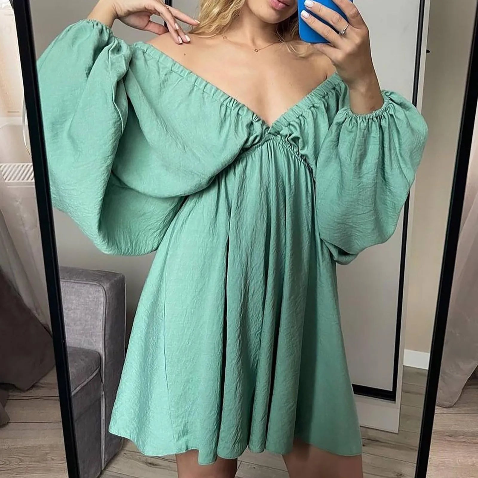 Deep V Neck Pleated Maxi Dress with Flowing Long Sleeves