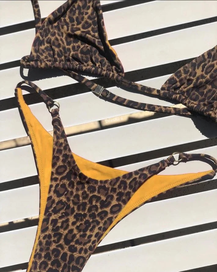 Fierce Leopard Print Plunge Triangle Bikini Set with Metallic Ring Accents