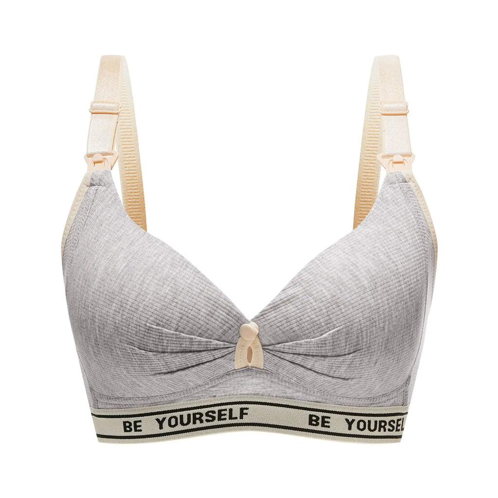 Heathered Grey Wireless Nursing Bra with Drop-Down Clips and Lettered Underband