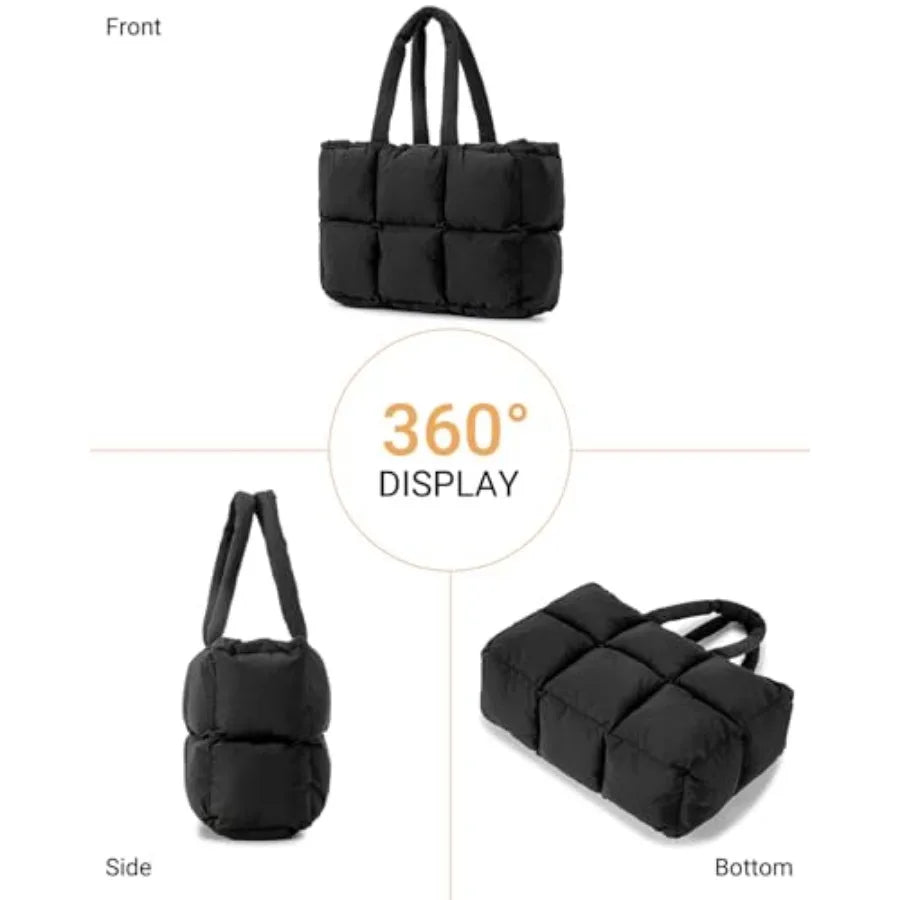 Large Quilted Puffer Tote Shoulder Bag with Utility Storage Compartments