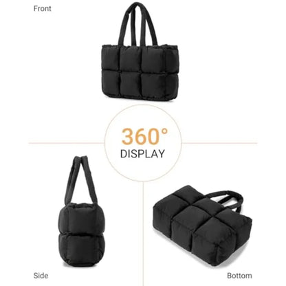 Large Quilted Puffer Tote Shoulder Bag with Utility Storage Compartments