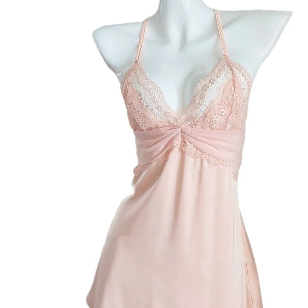 Delicate Blush Pink V-Neck Chemise with Intricate Sheer Lace Bodice