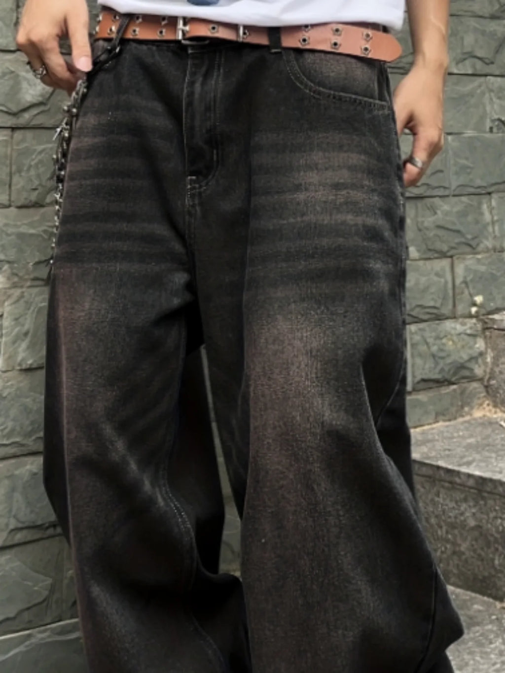 Men's Garment Washed Wide Leg Denim Jeans with Relaxed Floor Length Fit