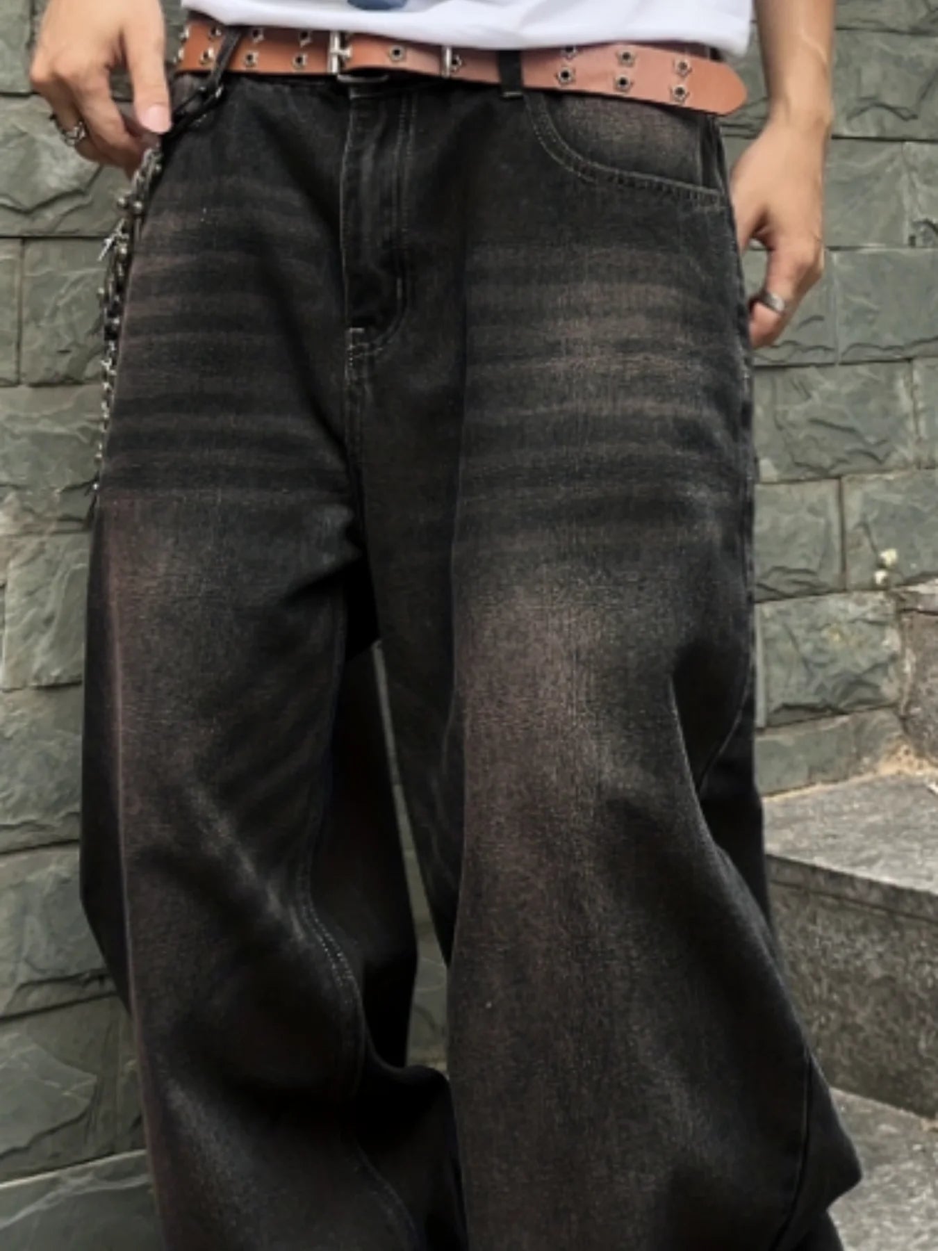 Men's Garment Washed Wide Leg Denim Jeans with Relaxed Floor Length Fit