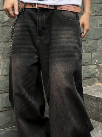 Men's Garment Washed Wide Leg Denim Jeans with Relaxed Floor Length Fit