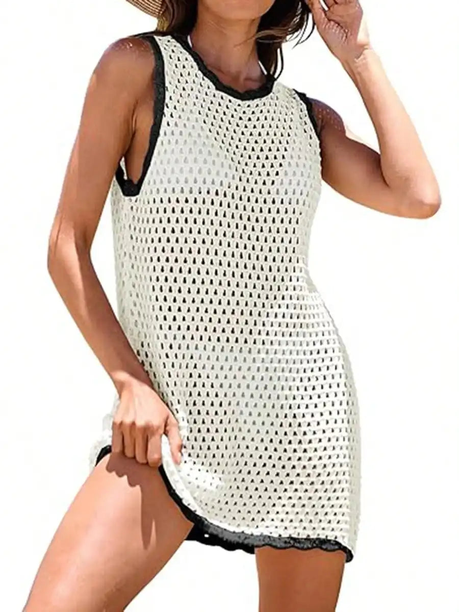 Black Crochet Backless Beach Cover-Up Dress with Hollow-Out Knit Design, Sleeveless Silhouette and Mini Length