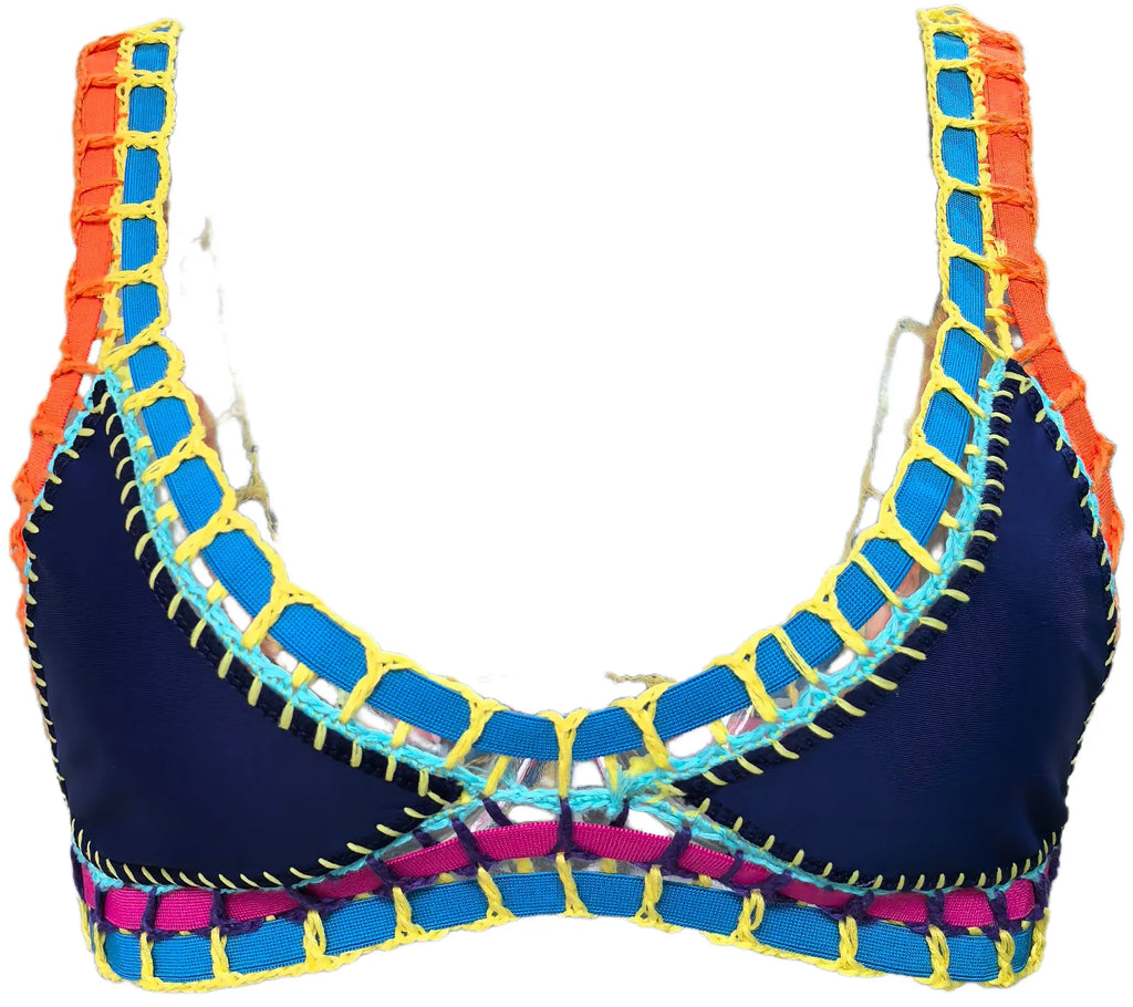 Deep Navy Scoop Neck Bikini Set with Vibrant Contrast Crochet Edging