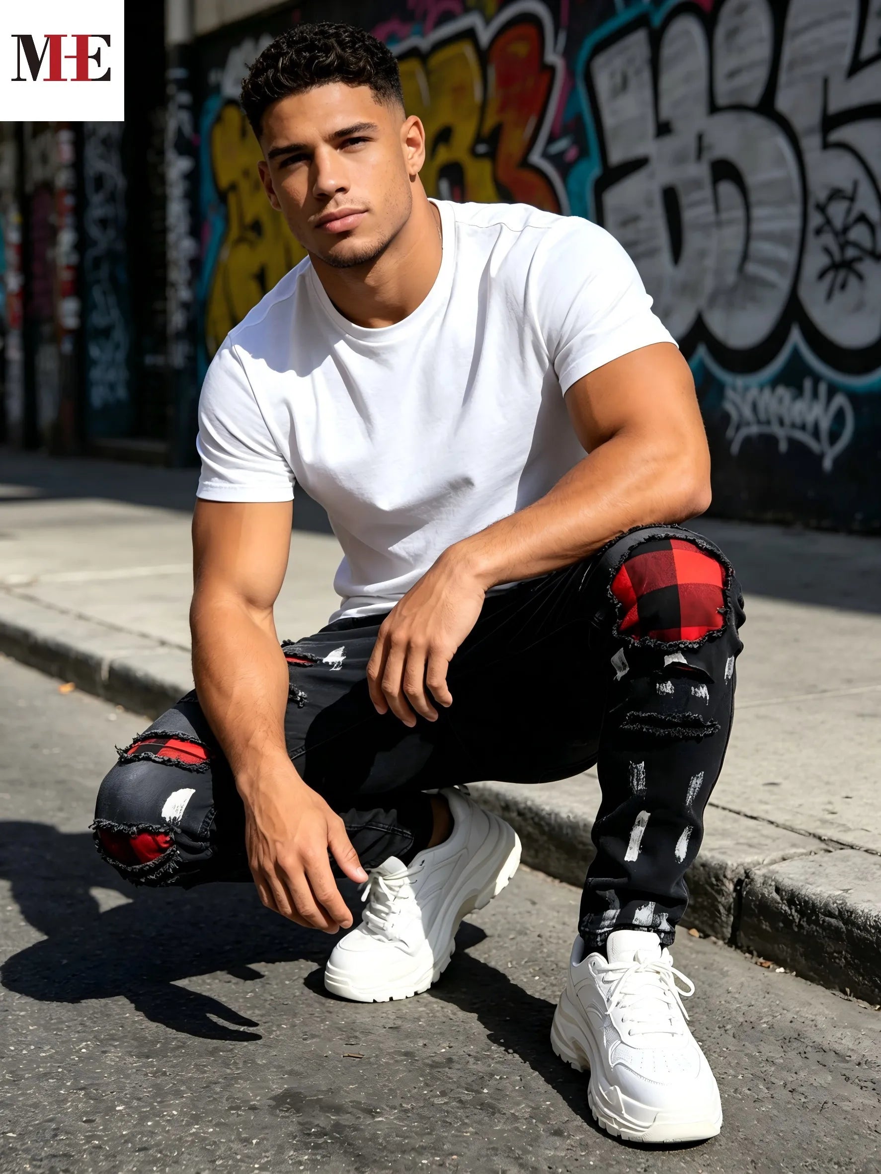 Men's Distressed Slim Straight Denim Jeans with Paint Detail Streetwear Design