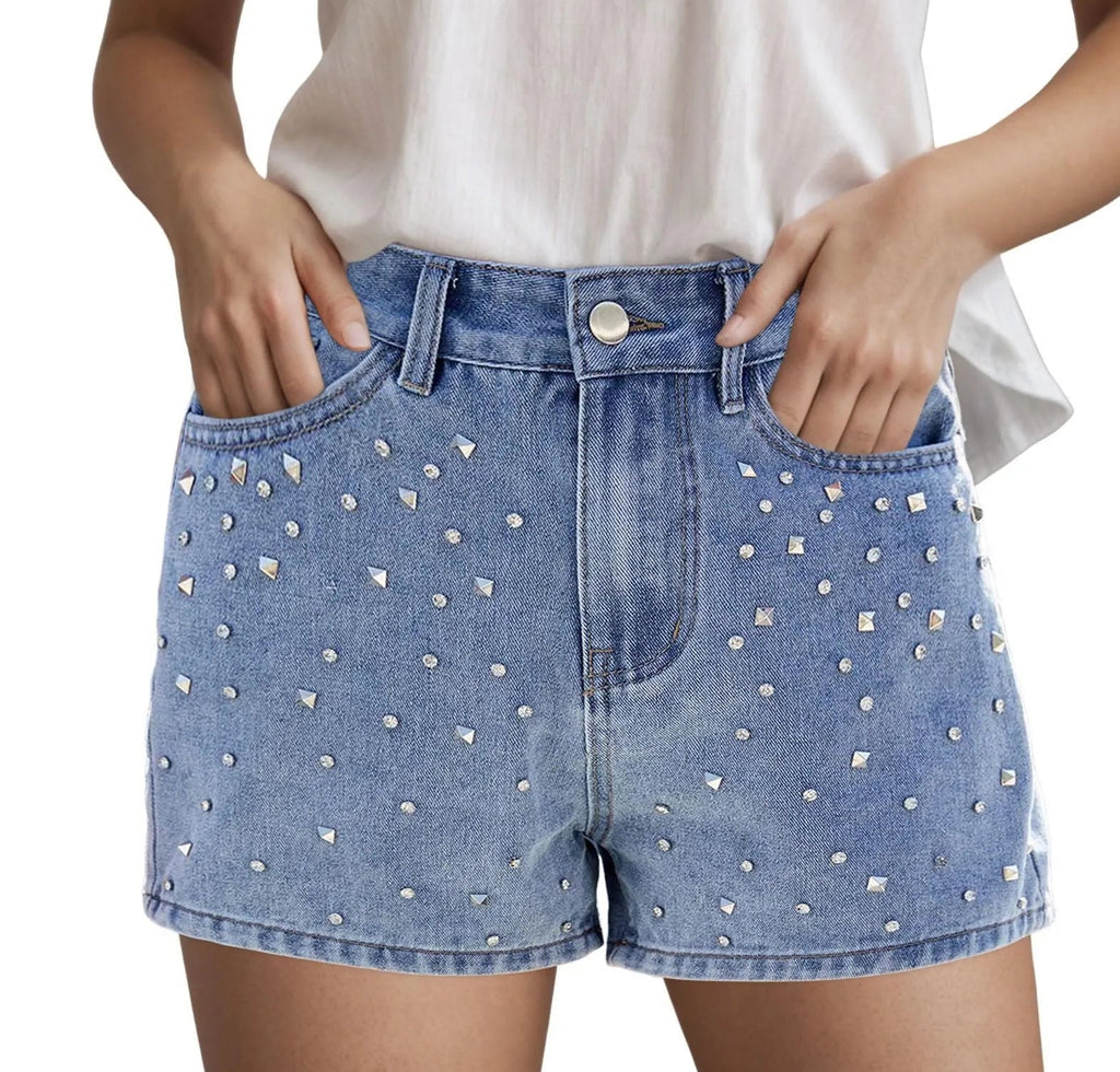 Women's High Waist Denim Style Shorts with Decorative Stud Details and Everyday Casual Fit