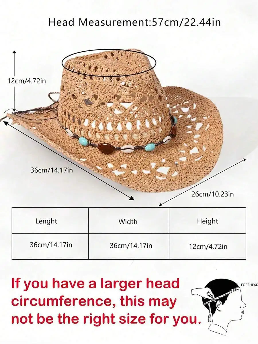 Hollow Woven Straw Cowboy Hat with Decorative Beaded Band for Outdoor Summer Adventures