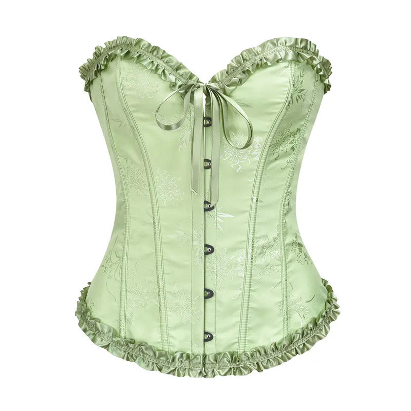 Jacquard Overbust Corset with Ruffled Trim, Structured Boning and Lace-Up Back