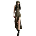 Hooded Bodycon Maxi Dress with Side Split and Lace Up Detail