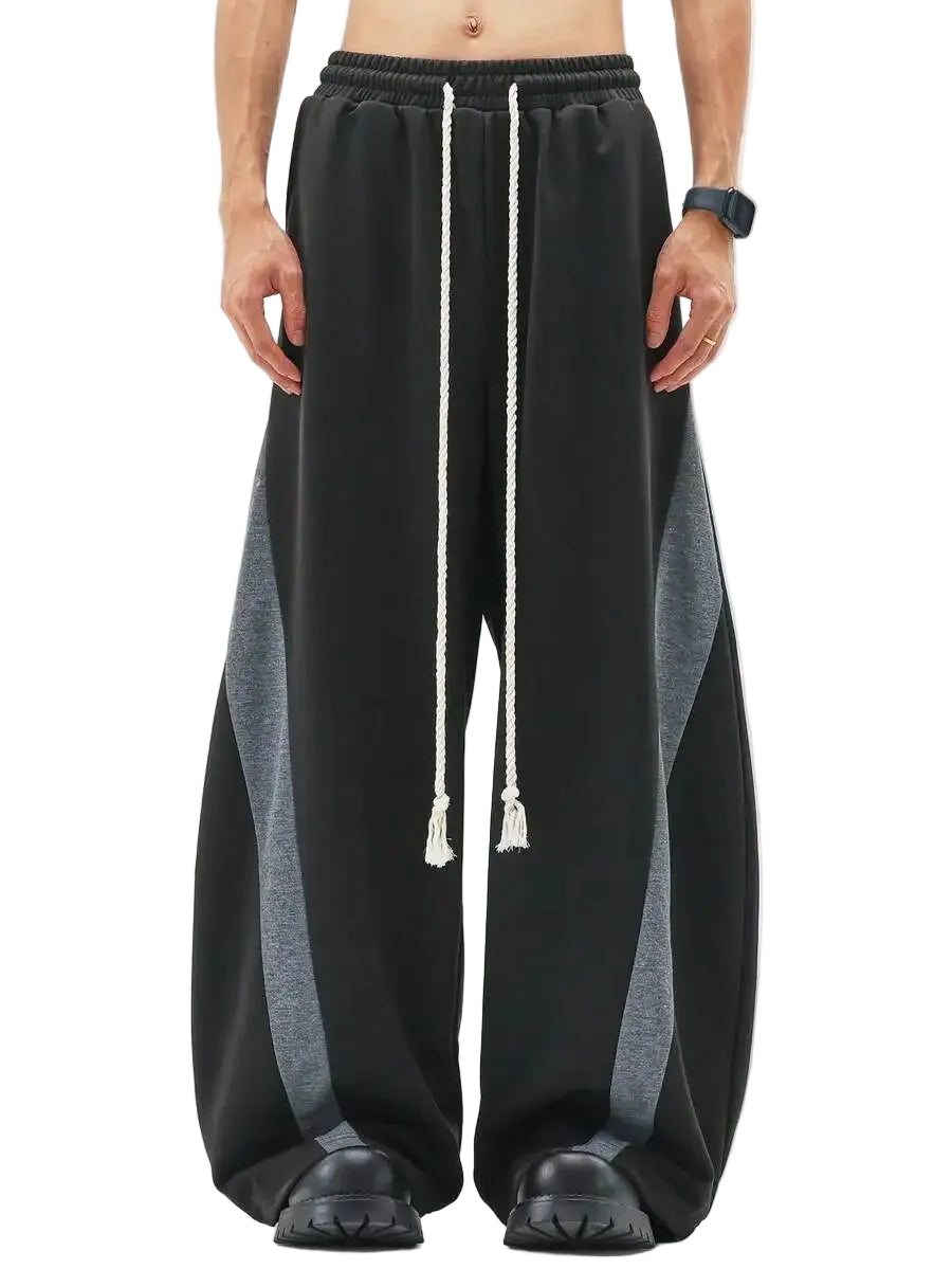 Men's Wide Leg Drawstring Sweatpants with Contrast Panel Design and Relaxed Fit