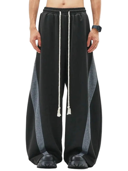 Men's Wide Leg Drawstring Sweatpants with Contrast Panel Design and Relaxed Fit